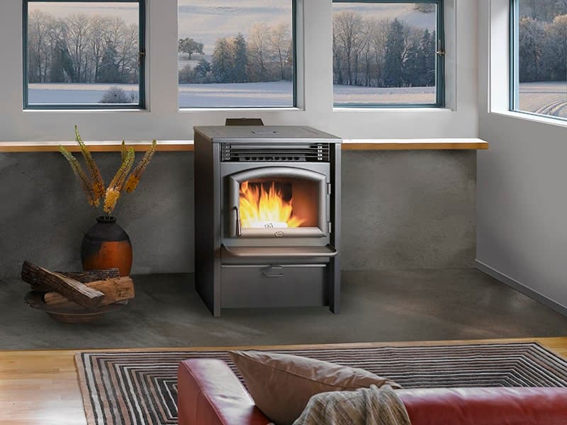 Lopi AGP pellet stove in winter room setting